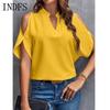 INDFS Women's Fashion Casual Summer Spring Solid Color Print Short Sleeve V-Neck Blouses & Shirts