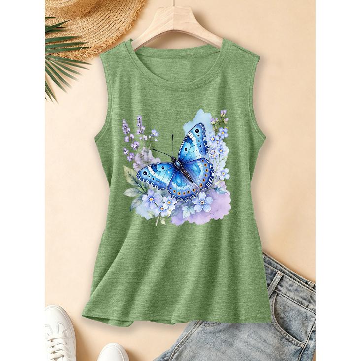 2026 Vintage Ink Floral Monarch Butterfly Print Women Sleeveless Vest Round Neck Daily Commute Spring Summer Autumn Tank Top