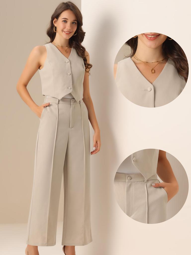 Allegra K Women's Casual Sleeveless Crop Top with V-Neck and Wide Leg Pants, Two-Piece Sweatsuit, Apricot, Size M