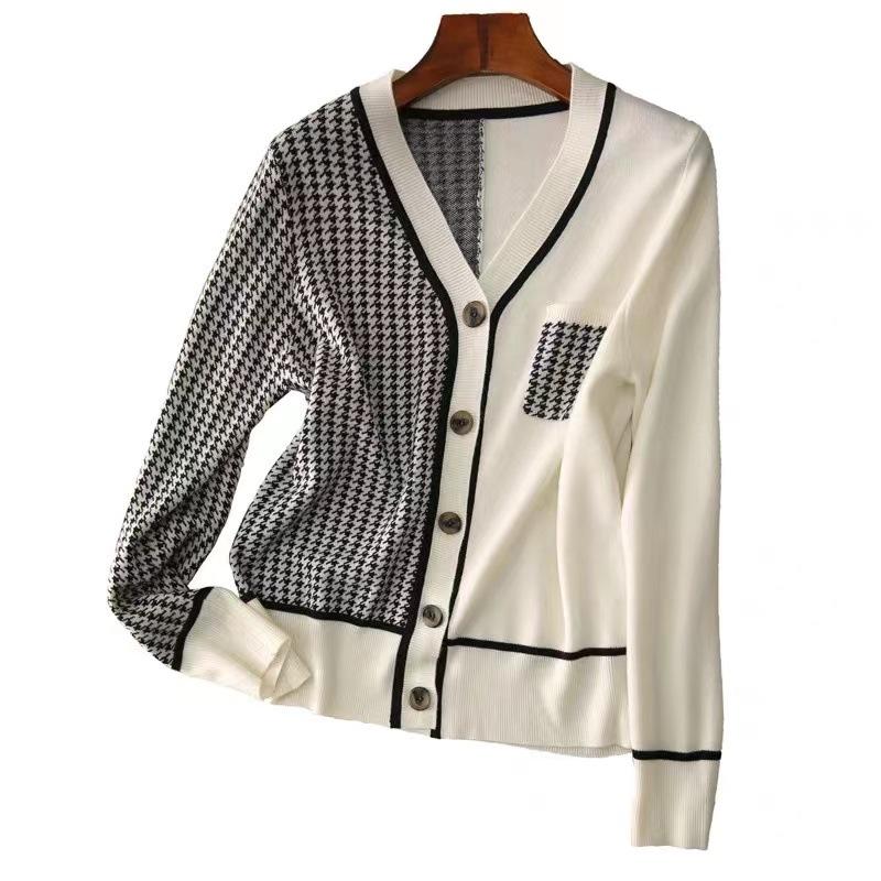 Темпераментные топы, французская винтажная куртка, весенне-осенний вязаный кардиган, асимметричный свитер в клетку с v-образным вырезом в клетку чиби