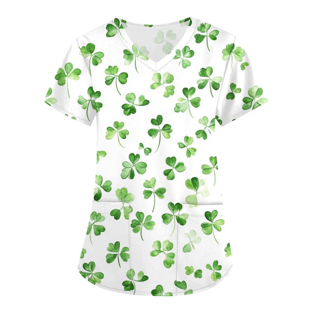 Женская модная рабочая одежда с V-образным вырезом, короткими рукавами и карманами. Верхняя одежда с принтом Патрика