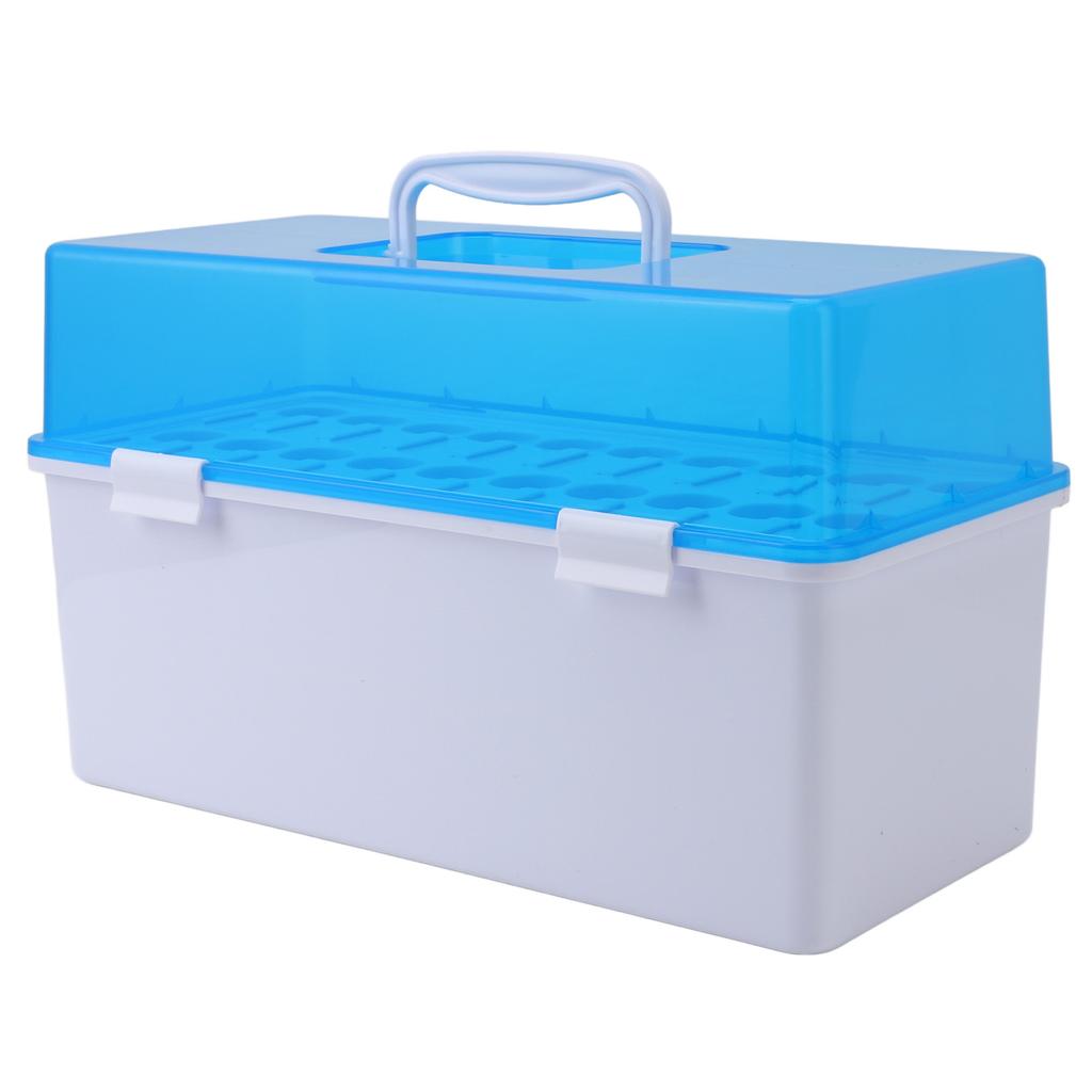 Коробка для хранения пробирок с переносной ручкой и пыленепроницаемой крышкой. Вмещает 20 держателей для пробирок.