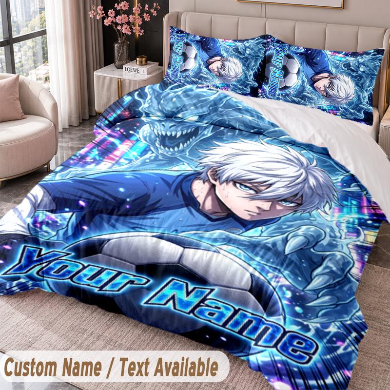 Custom Name Text 3Pcs Bedding Set Blue Lock Duvet Cover And Two Pillowcases