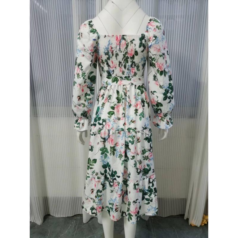 Summer Square Collar Floral Print Dress Women Elegant Fashion Long Sleeve Vintage Dress Plus Size High Waist A-line Party Loose Casual Dresses 1330
