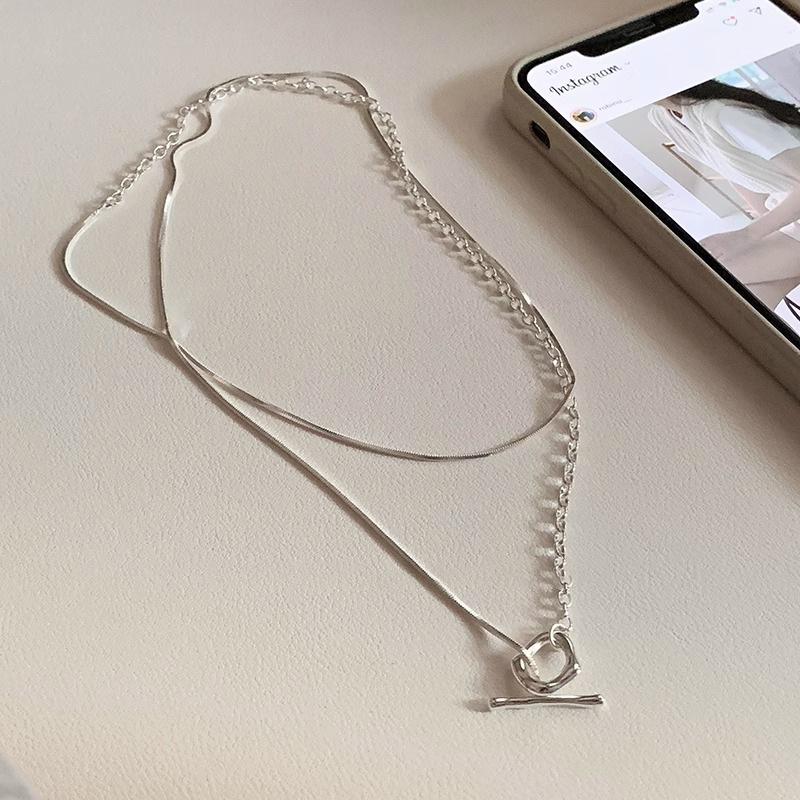 Корейское серебряное ожерелье S925 с двойным слоем OT Змеиная кость для женщин – Универсальная, высококачественная цепочка для свитера