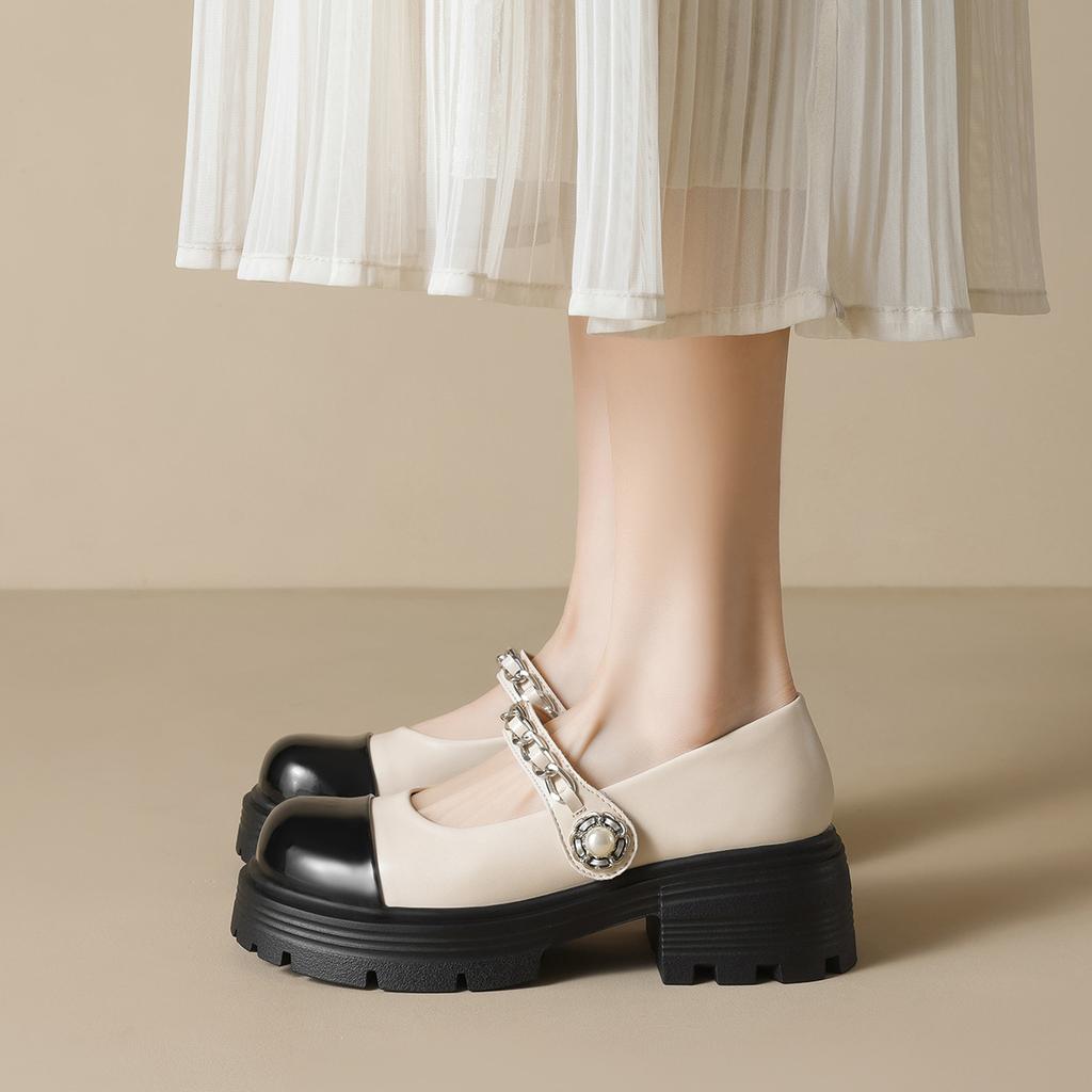 Thick-soled Mary Jane Shoes Women's Light Mouth One-word Belt Color Matching College Small Leather Shoes