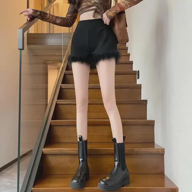 Женские облегающие меховые шорты с высокой талией - осенние шорты в американском стиле