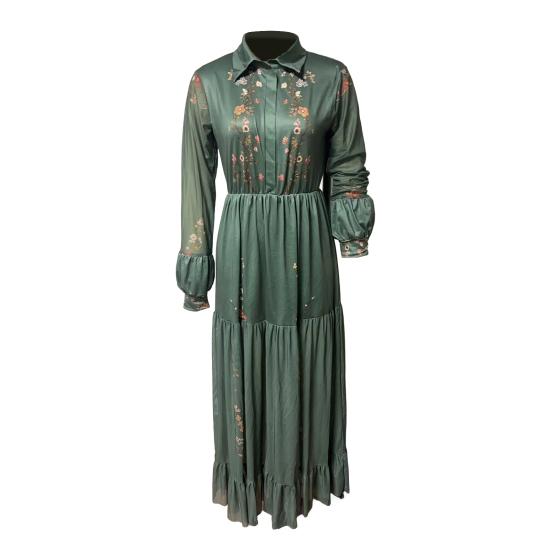 Women Dress Turn-down Collar Flower Printing Pleated A-line Ruffle Patchwork Three-Quarter Sleeves Maxi Dress Spring Fall Dating Party Dress