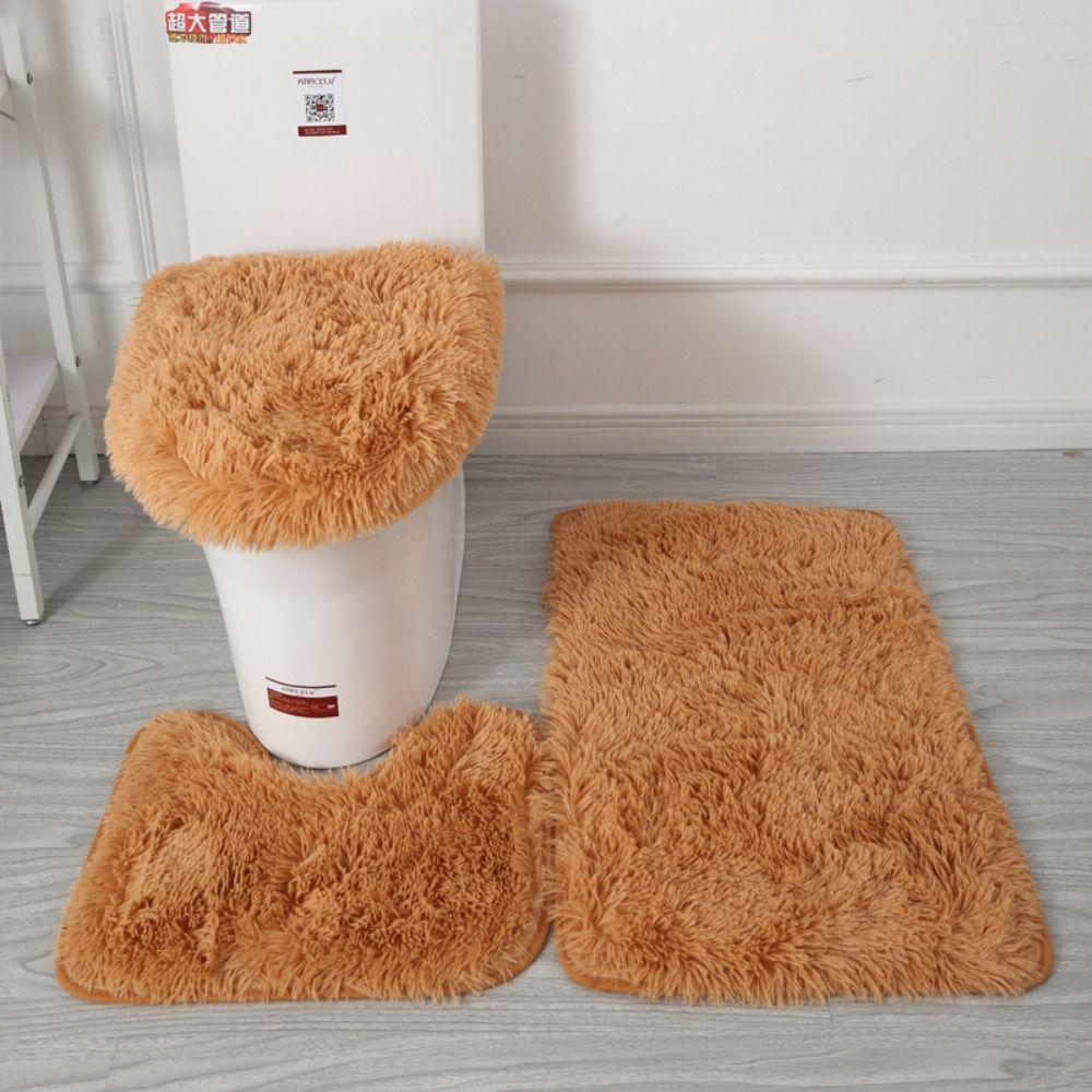 3pcs/set Fluffy Hairs Toilet Lid Cover Rugs Solid Color Shower Carpets Sets Shower Room