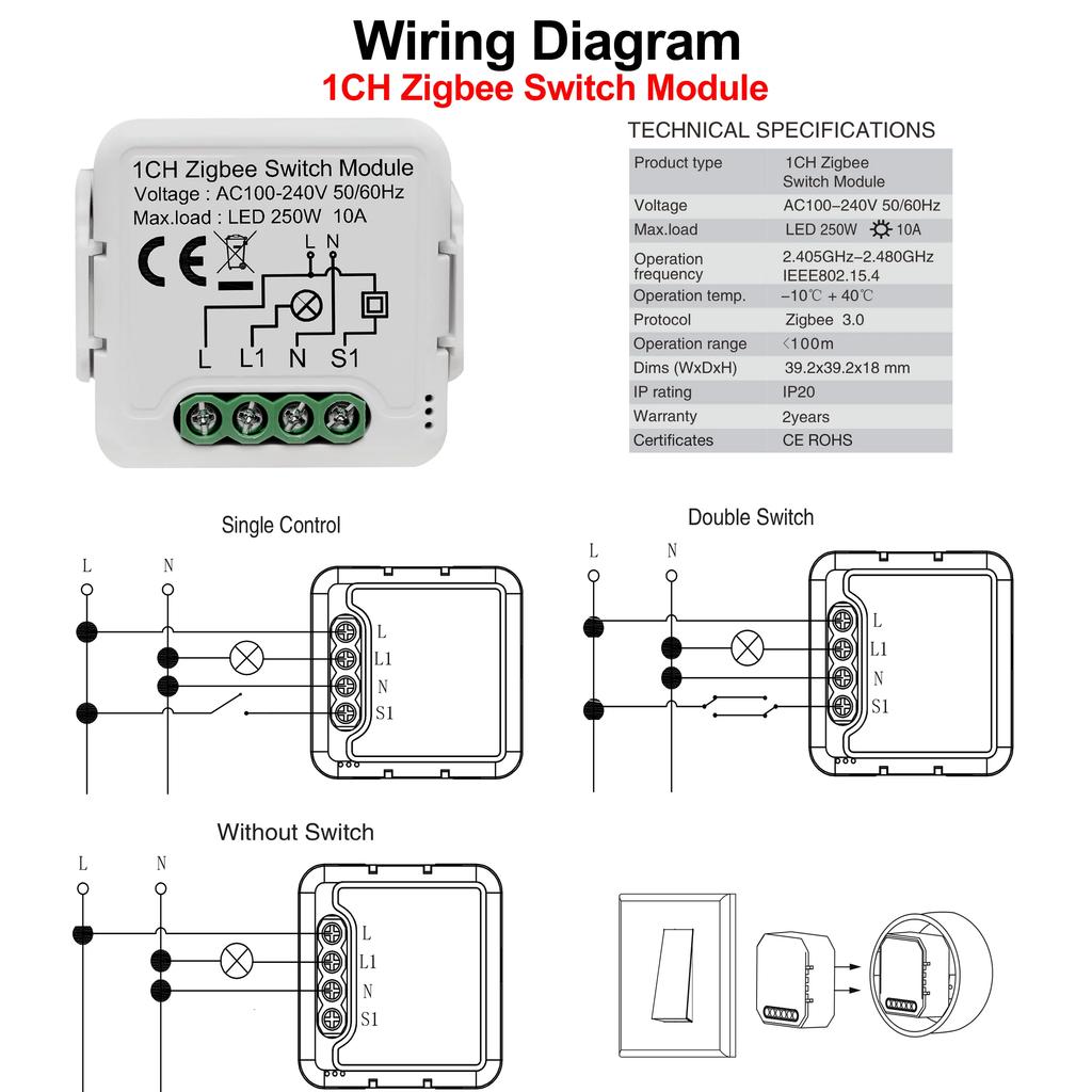 GIRIER Tuya ZigBee 3.0 Модуль переключателя 10A Умный дом DIY Автоматический выключатель 1 2 3 4 Клавиши Поддержка двухстороннего управления Работает с Alexa Google Home