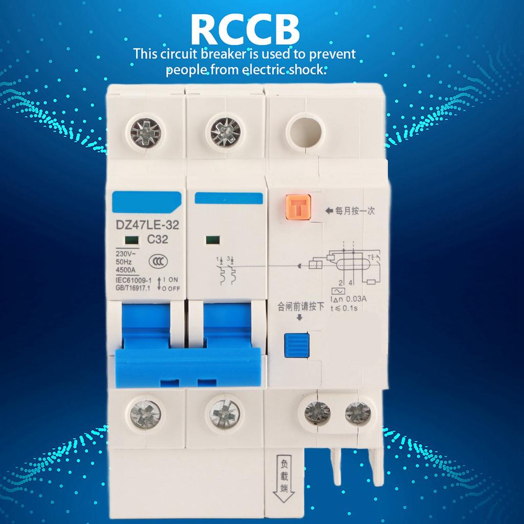 Residual Current Circuit Breaker 32A DZ47LE-32 2P+N C32 RCCB, 230 V 30 MA with Small Size for Home Decoration, Engineering Constructions