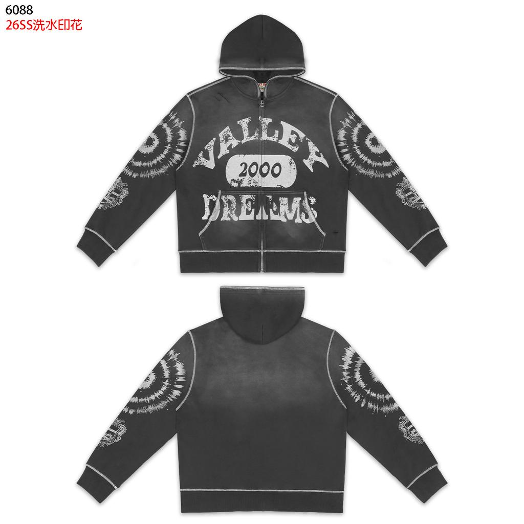 Cross-border trendy brand Vale retro printing washing water old coat cardigan high street casual hooded sweatshirt set