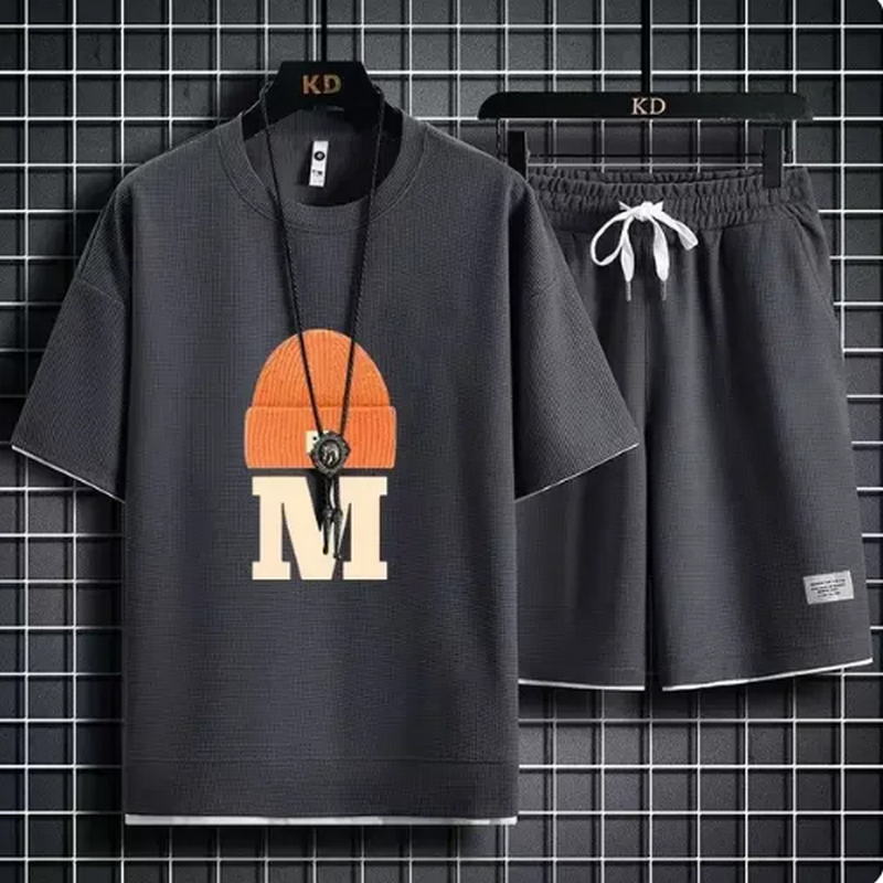 Молодежный модный спортивный костюм для пары, летний новый корейский стиль, вафельная футболка, шорты, комплект из двух предметов, мужской ретро-топ с круглым вырезом