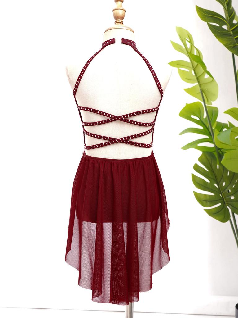 Kids Girls Lyrical Dance Performance Costume Figure Skating Ballet Gymnastics Leotard Dress Sleeveless Rhinestone Dancewear