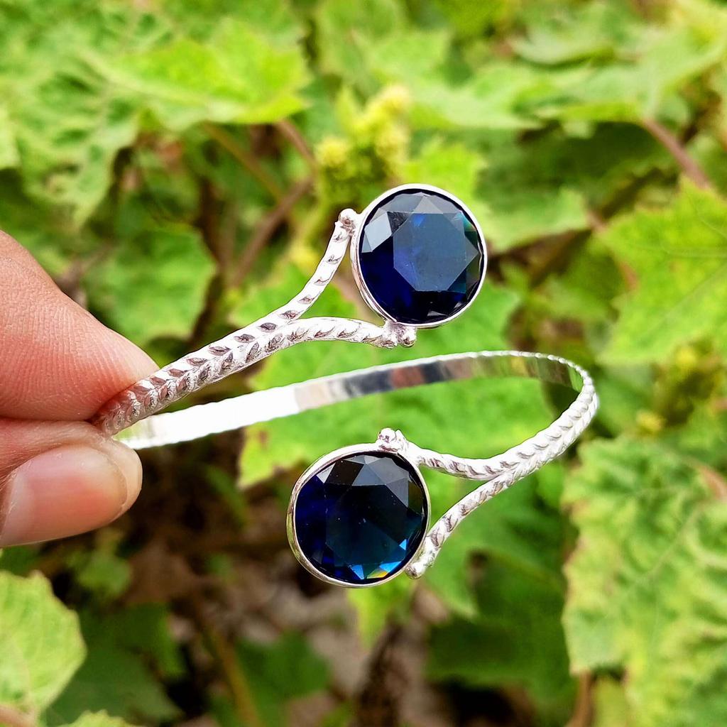Blue Faceted Glass Gemstone 925 Sterling Silver Plated Women's Adjustable Cuff Bangle/Bracelet TACB-B42