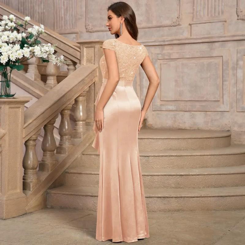Elegant Mermaid Evening Dress With Lace Sleeve Sequin Embellishment Satin Panel Side Slit Formal Occasions