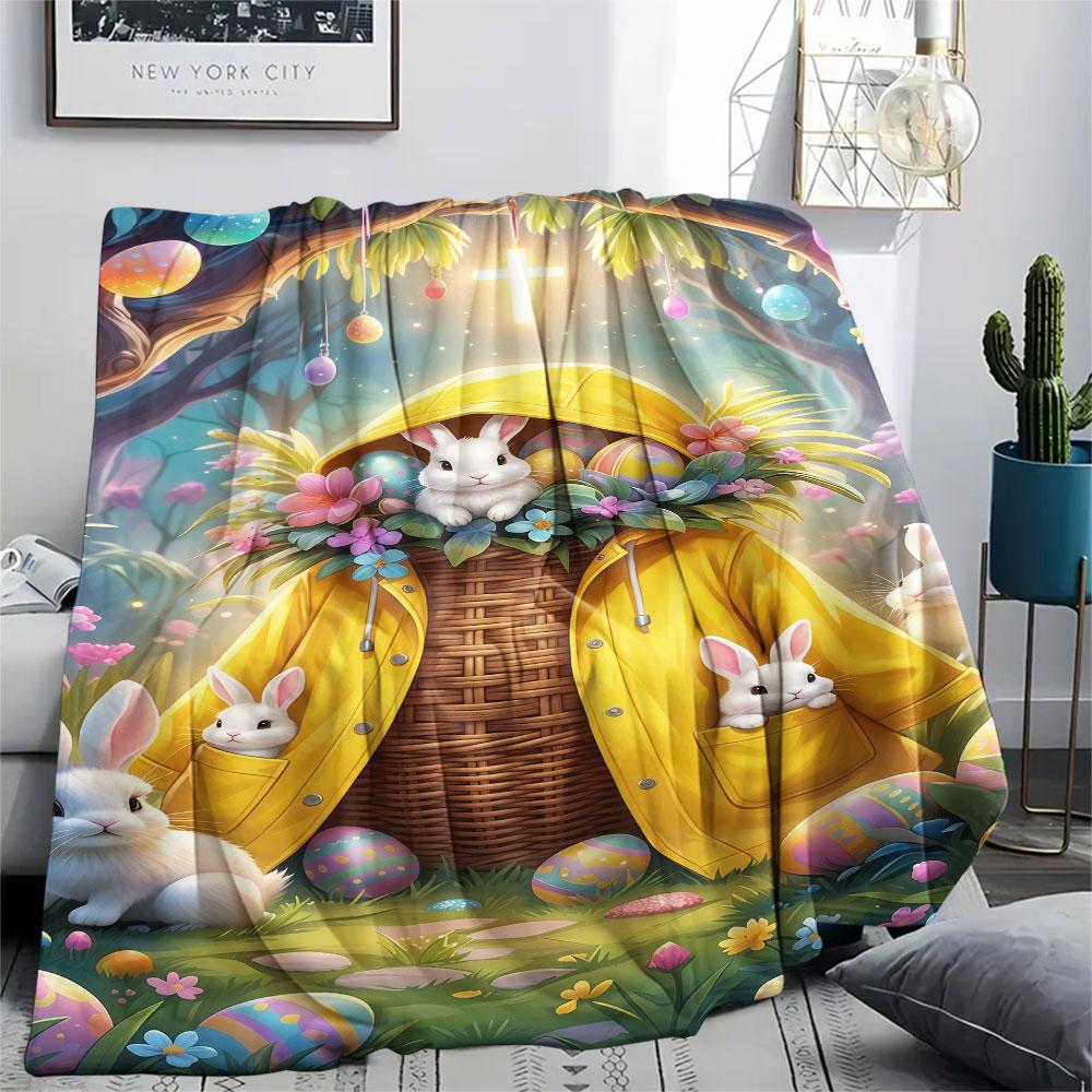 1Pc Easter Egg Print Flannel Blanket, High quality Comfortable for All Seasons, Home Decor, Warmth and Comfort, Perfect for Christmas Gifts