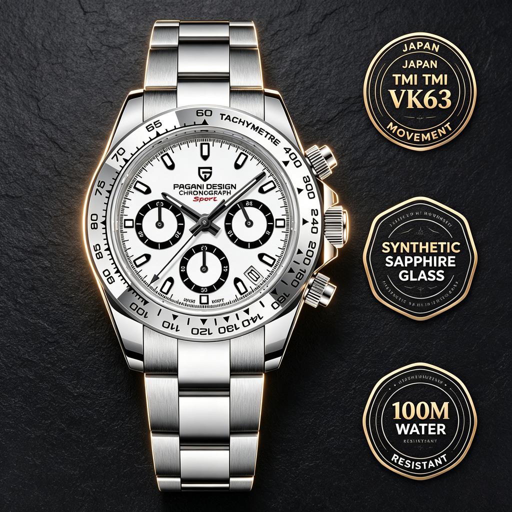 PAGANI DESIGN Мужские кварцевые часы Panda Dial Япония TMI VK63 Хронограф Сапфировое стекло 100M Водонепроницаемые Нержавеющая сталь 40 мм Спортивные наручные часы