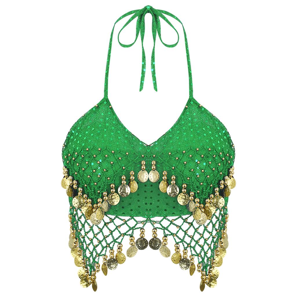 Женский бюстгальтер-топ для танца живота с бретельками через шею, сетка из пайеток, пластиковые бусины, четкие кисточки, шнуровка, укороченный топ для танцев, костюм для выступлений