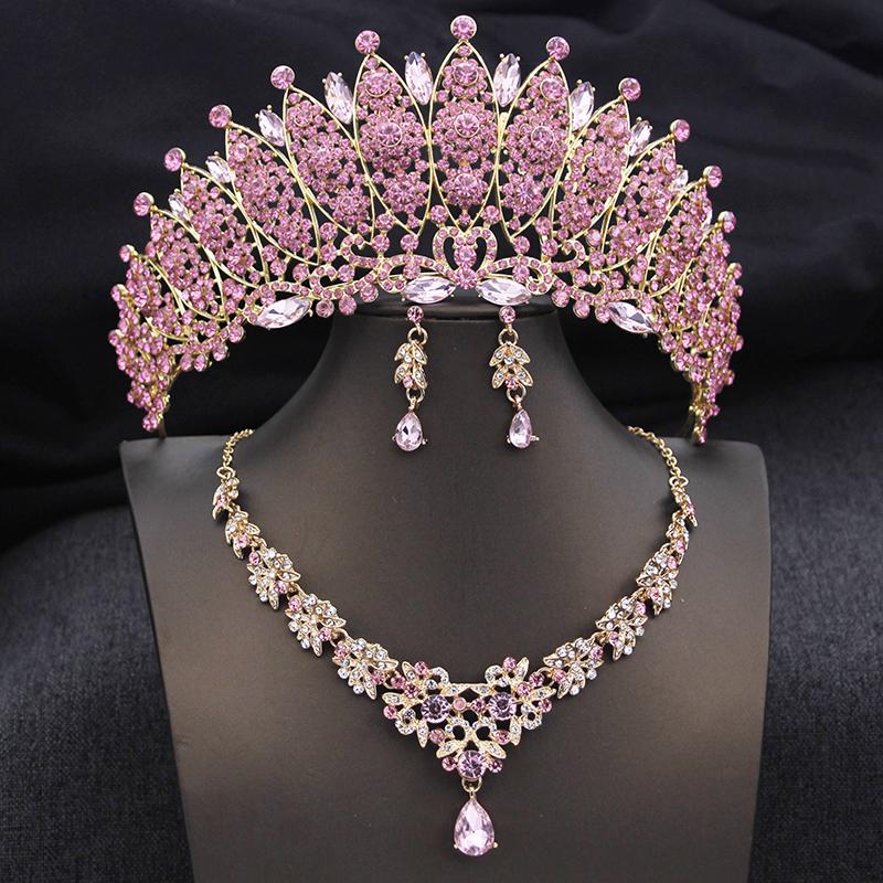 Royal Queen Champagne Tiaras and Crowns Bridal Jewelry Sets for Women Wedding Crown and Necklace Earrings Tiara Set Accessories