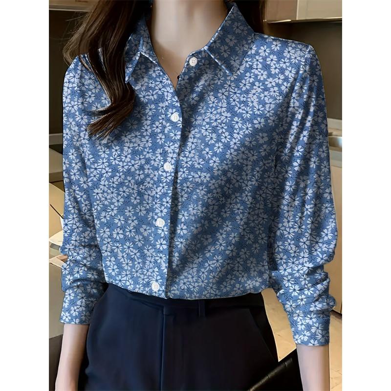 Ladies Lapel Long Sleeve Shirt Ladies Elegant Design Loose Fit Floral Pattern Printed Shirt Daily Casual Office Tops