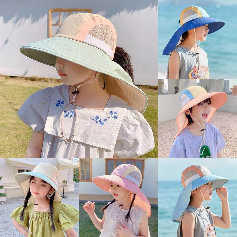 New Neck Flap Baby Sun Hat Polyester with Strap Bucket Hat UV Protection Breathable Wide Brim Beach Hats for Boys Girls