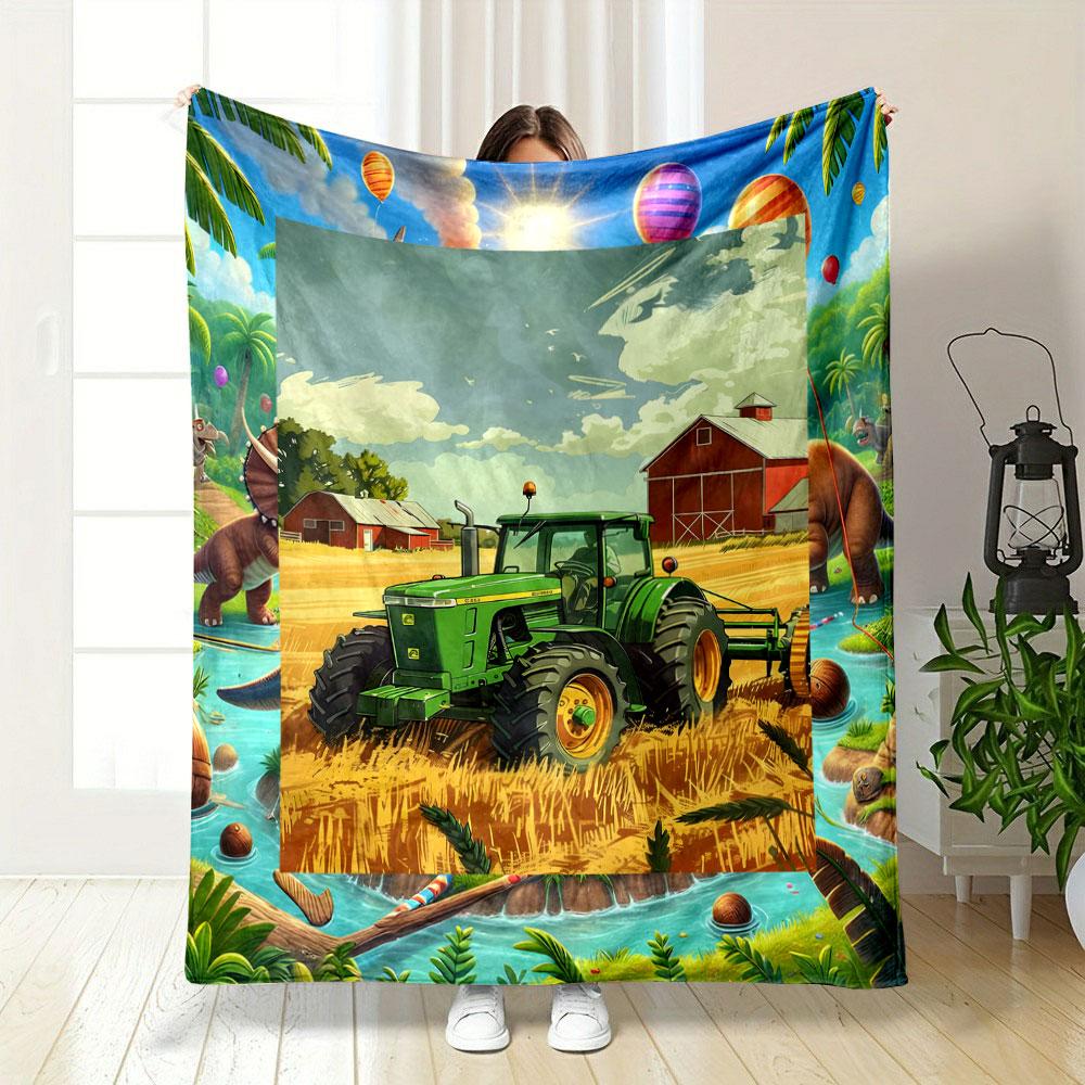 Green Tractor Farm Scene Blanket bedroom Blanket for Livingroom Couch lunch break Soft throw for Friend's festival Gift