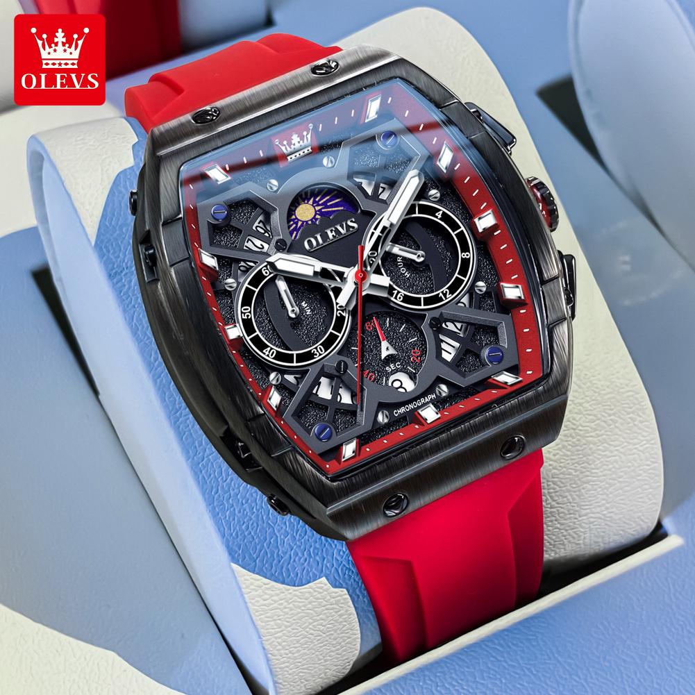 OLEVS 2942 Mens Watch Fashion Silicone Strap Skeleton Tonneau Quartz Watch Waterproof Luminous Sports Watches For Men Gift Reloj