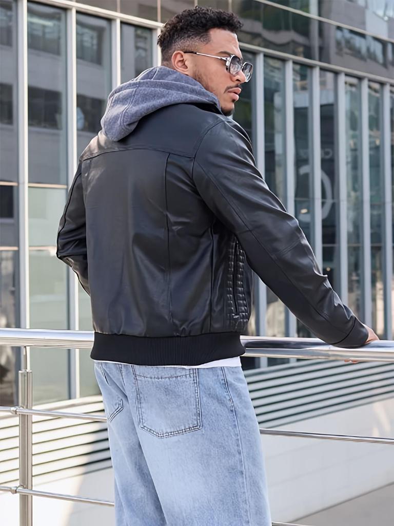 Мужская мотоциклетная куртка из искусственной кожи большого размера со съемным капюшоном и флисовой подкладкой - Европейский и американский тренд