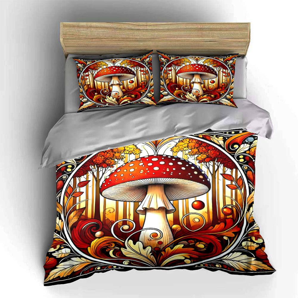 Vintage Fly Agaric Mushroom Bedding Set,Art Nouveau Autumn Forest Print Duvet Cover + 2 Pillowcases,Whimsical Retro Pattern