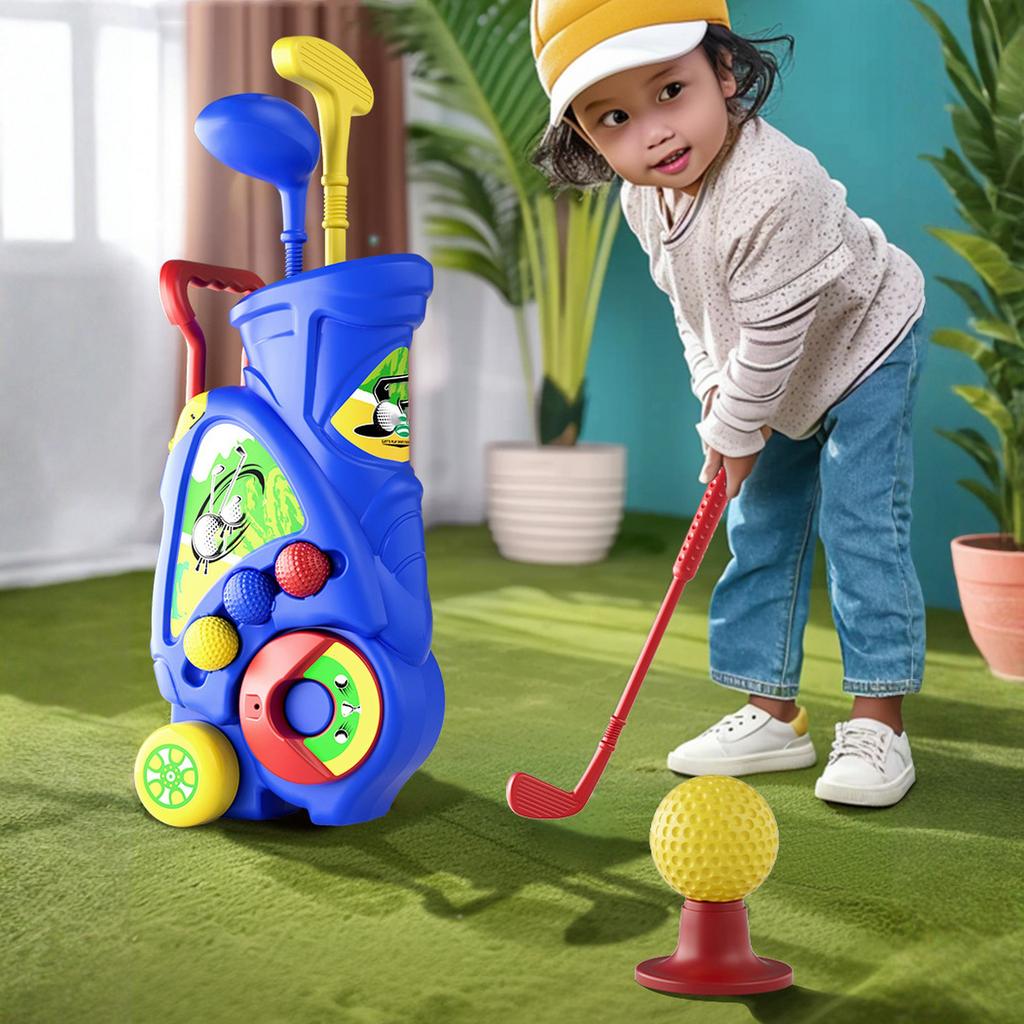 English: Kids Golf Set Toy Indoor & Outdoor Simulation Portable Retractable Trolley Case Parent-Child Interactive