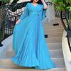 European and American Fashion Casual Women's V-neck Sexy Pleated Large Hem Formal Dress Long Dress