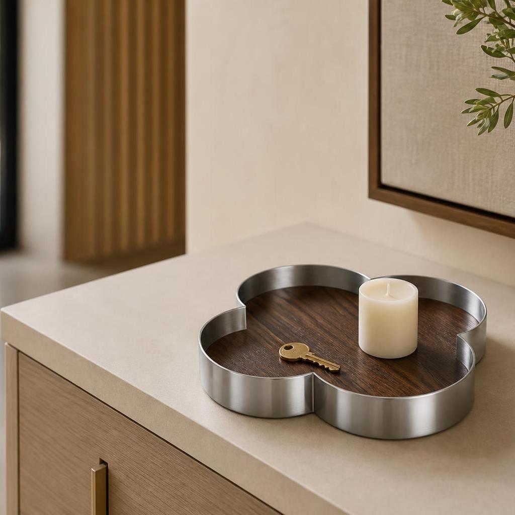 Поднос четырехлопастной формы под дерево с металлической кромкой, отражающий, для журнального столика, прихожей