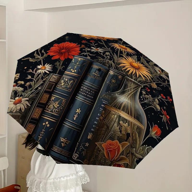 1pc Floral Bookshelf Night Garden Umbrella with Plastic Handle,Suitable for All Seasons Home Travel Outdoor UmbrellaDD442