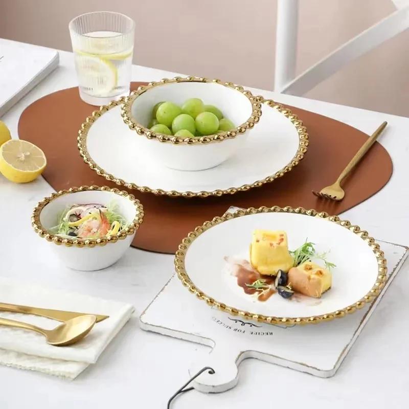 Luxury Ceramic Dinnerware Round Heart Shaped Dessert Plate Dinner Plates White Bowls with Gold Rim Family Household Tableware