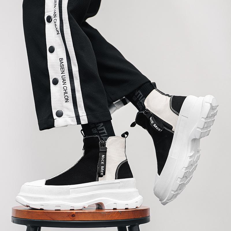 Высокие ботинки на толстой подошве Мужская обувь на весну-осень Дышащие Повседневные Ботинки Челси Мужские Трендовые Канвасовые Кроссовки с боковой молнией