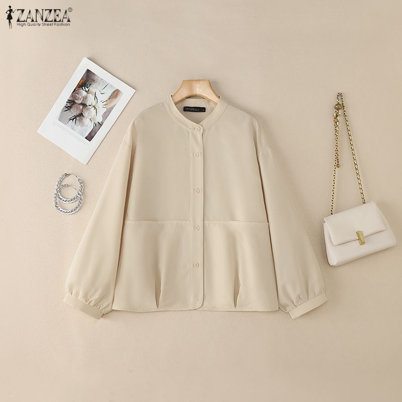 ZANZEA Женская повседневная блузка с воротником-стойкой и длинным рукавом