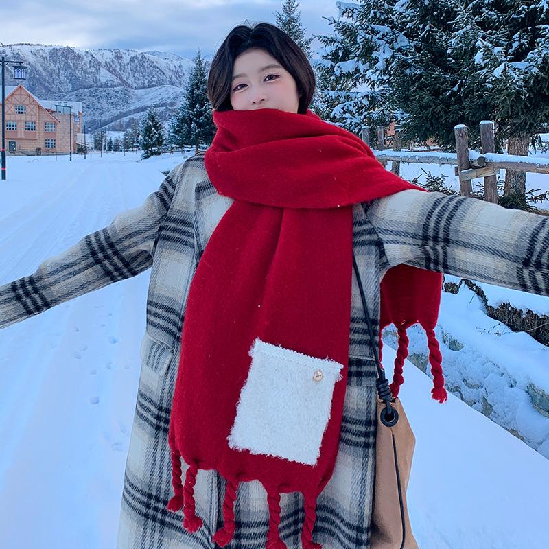 Fixed Dyeing Haze Blue~ Premium Hair Sensing Pocket Scarf Women's Winter Wool Shawl Thickened Plush Scarf