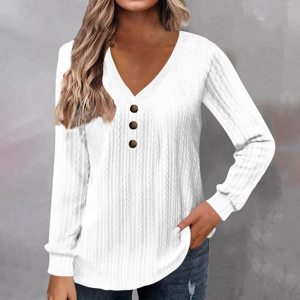 Women's Fashion Long Sleeve Solid Colour V-Neck Button T-Shirt Printed Casual Top