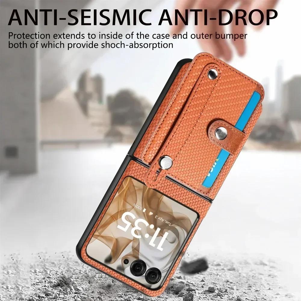 Carbon Fiber Pattern Leather Phone Case For Motorola Razr 60 50 Ultra 40 Multifunctional Card Slot Bag Bracket Wrist Strap Cover