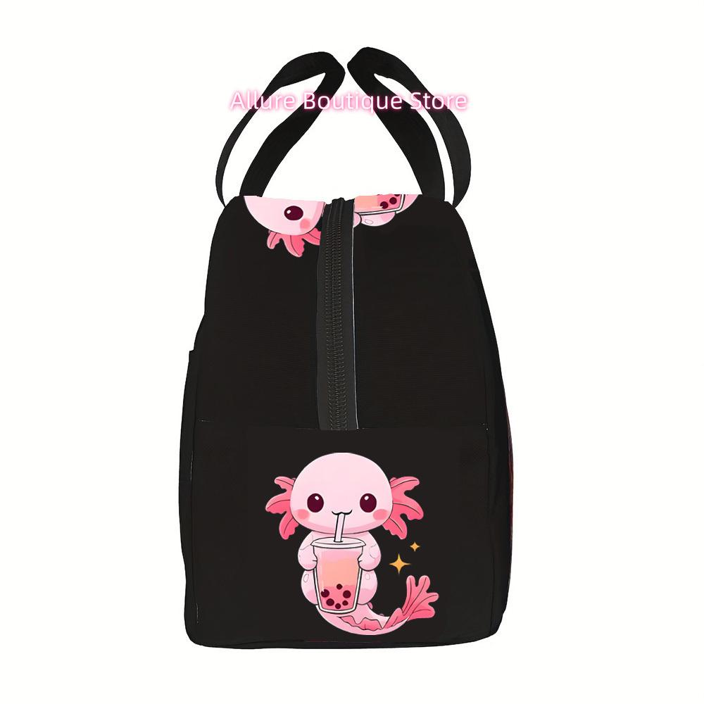 Adorable Axolotl Drinking Bubble Tea Lunch Bag - Durable Polyester, Mini Meal Carrier with Large Capacity, Perfect for Work, Sch