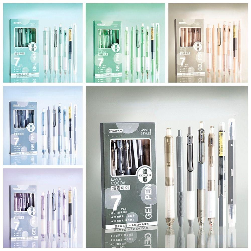 Гелевая ручка ST с нажимным стержнем, черные чернила, ручка для подписи, 7 шт./набор, шариковая ручка, студенческая