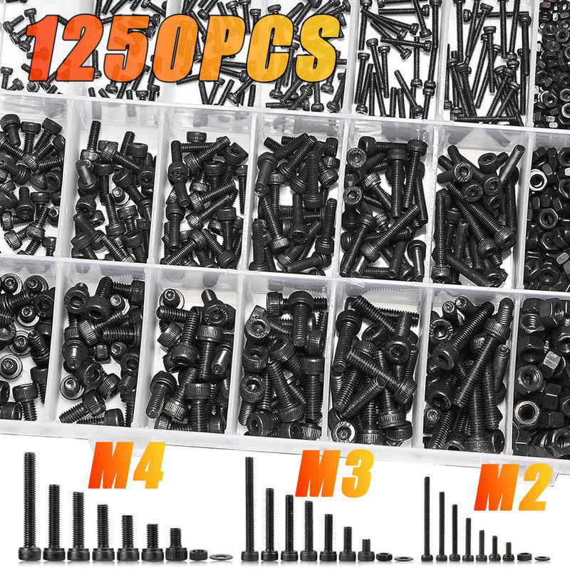1250PCS M2 M3 M4 Metric Bolt Kit, 4-30MM Hex Socket Cap Screws, 12.9 Alloy Steel Machine Bolts Nuts Washers Assortment