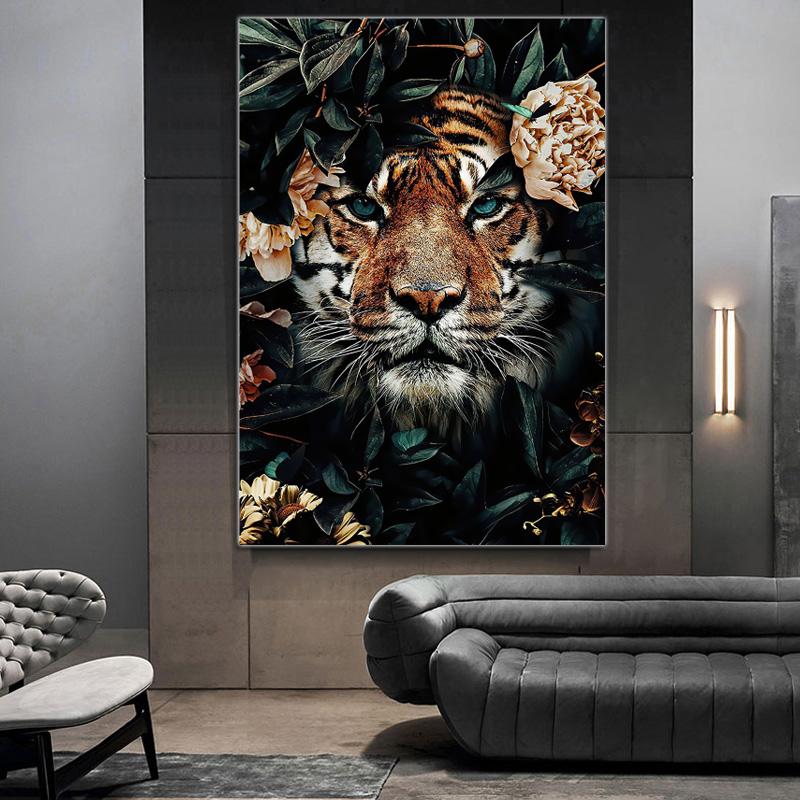 Цветок животное лев тигр леопард абстрактная картина на холсте настенное искусство скандинавский принт плакат декоративная картина для декора гостиной без рамки