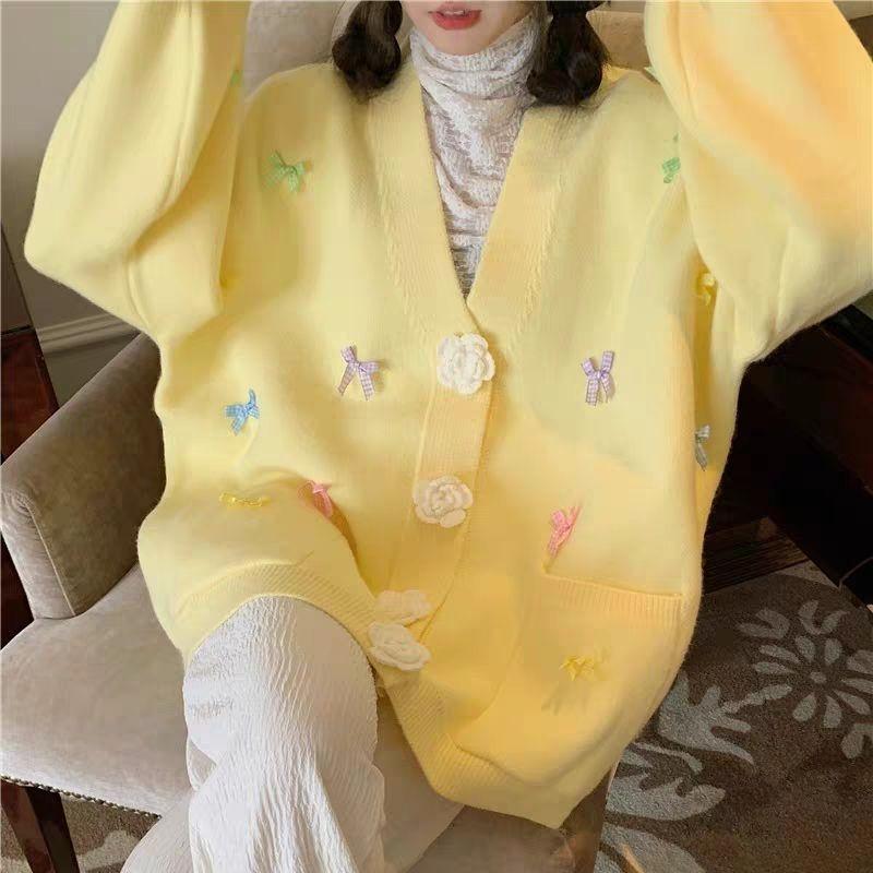 3D цветочный кардиган для женщин однотонный длинный рукав свободный бант женский свитер V-образный вырез повседневная женская верхняя одежда топы