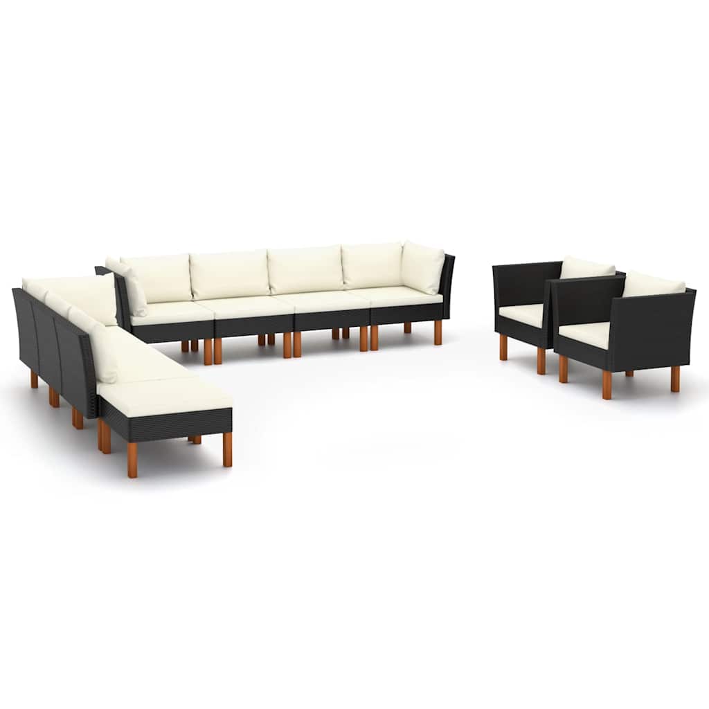 10 Piece Garden Lounge Set Poly Rattan & Eucalyptus Wood Black Black