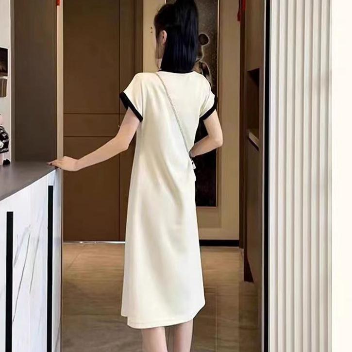 European summer dress women's ice silk thin letter printing split-ended long dress design sense short sleeves slim and thin home skirt