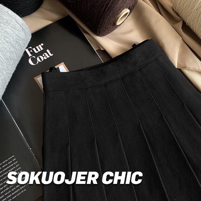 Женская высококачественная черная юбка А-силуэта плиссе из смесовой шерсти - Плотная, с высокой посадкой, стройнящая, большого размера, короткой длины для осени и зимы.