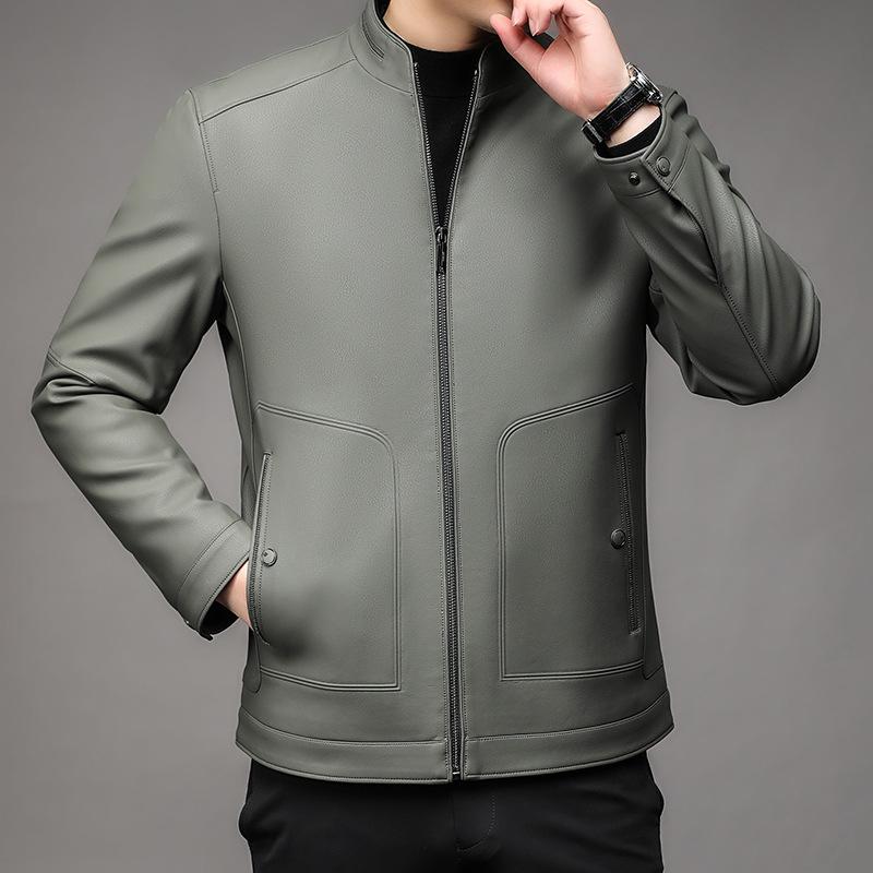 Тонкая куртка из натуральной кожи для весны и осени, мужская куртка из овчины с воротником-стойкой для мужчин среднего возраста, кожаная куртка для мотоциклистов