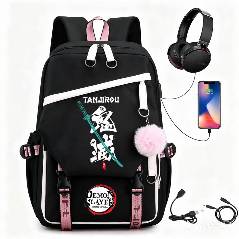 Anime Printed Canvas Backpack With USB Charging Port Teens Students School Travel Unisex
